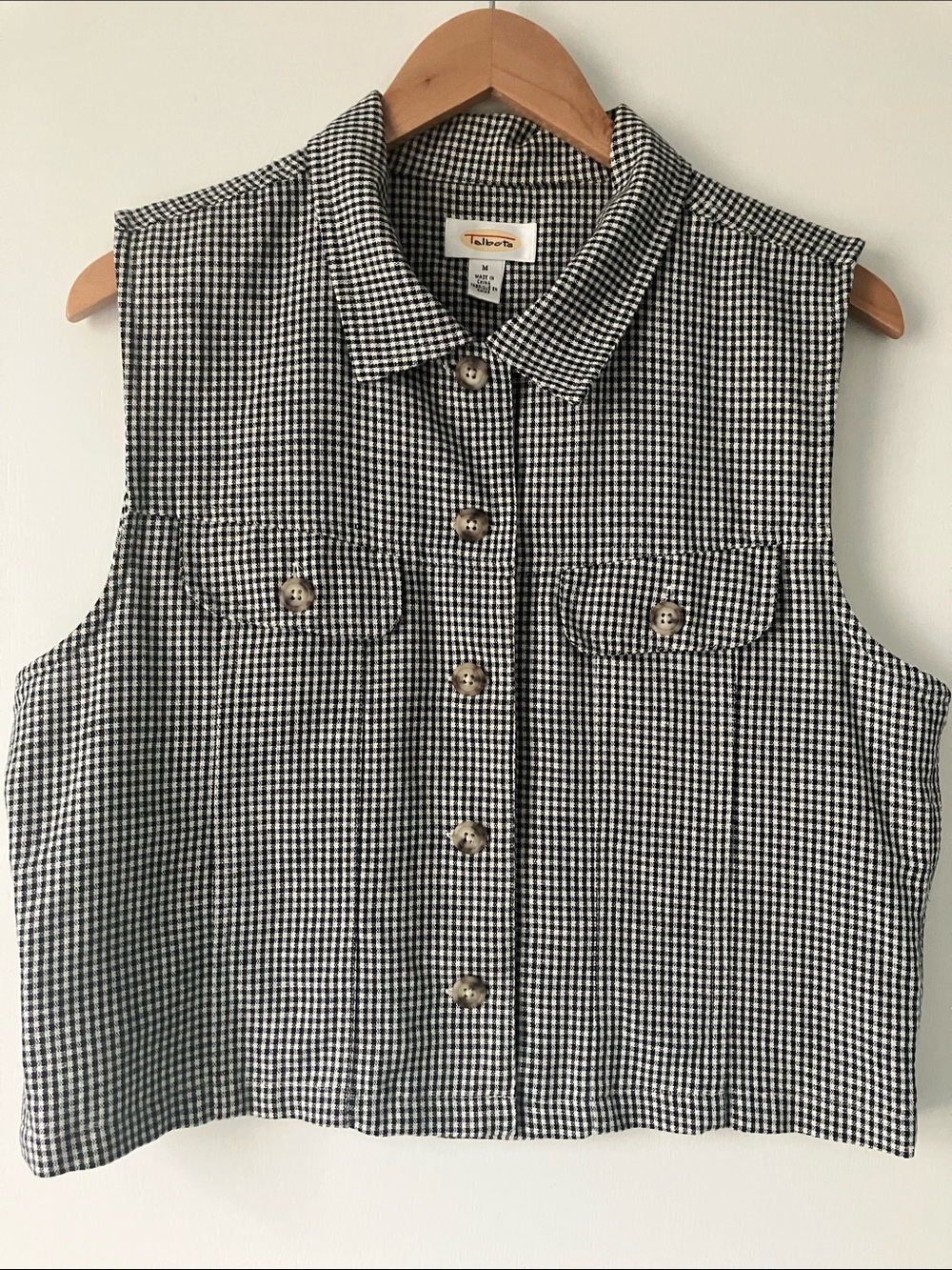 Talbots Vintage Linen Cotton Summer Vest Top Black and White Gingham Medium - Picture 2 of 8